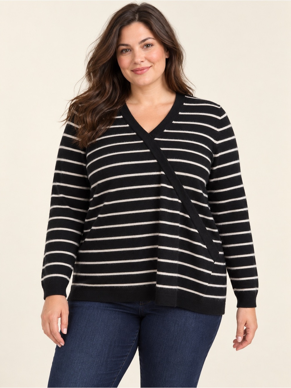 100% Cashmere Striped Faux-Wrap Pullover Sweater 1X Black White asymmetric Chic